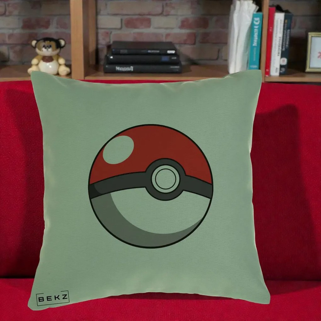 Perna Personalizata Pokeball Rosie, 40x40 cm, Verde, Husa Detasabila, Perna Inclusa, BEKZ®