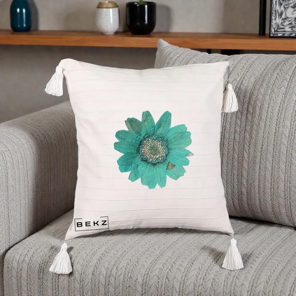Perna Decorativa Floare Gerbera Teal Acuarela, 40x40 cm, Bej cu Franjuri, Husa Detasabila, Perna Inclusa, BEKZ®
