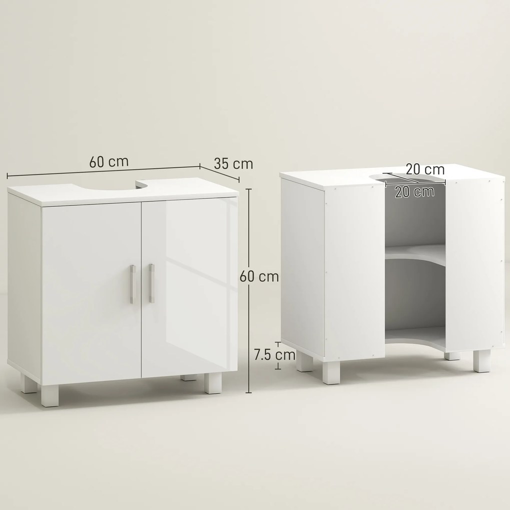 HOMCOM Mobilier Sub Chiuvetă pentru Baie cu 2 Uși, Raft Central, Mâner și Picioare Antiderapante, 60x35x60 cm, Alb Lucios | Aosom Romania