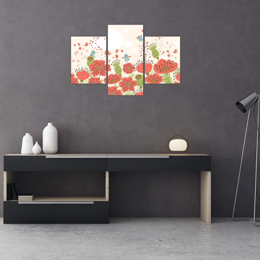 Tablou - Păsări pe o pajiște înflorită (90x60 cm)