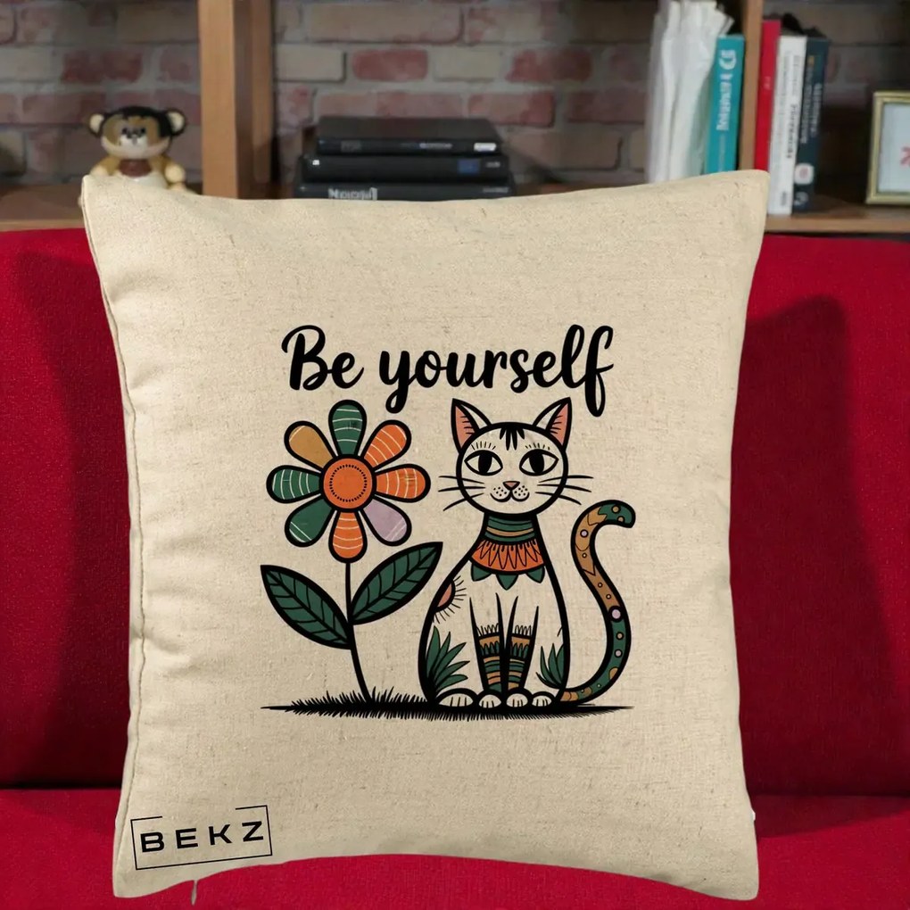 Perna Personalizata Be Yourself Pisica Folk, 40x40 cm, Bej, Husa Detasabila, Perna Inclusa, BEKZ®
