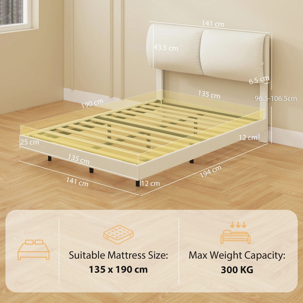 HOMCOM Pat dublu 135x190 cm Somier cu tăblie căptușită Efect plutitor Structură metalică Bej | Aosom Romania