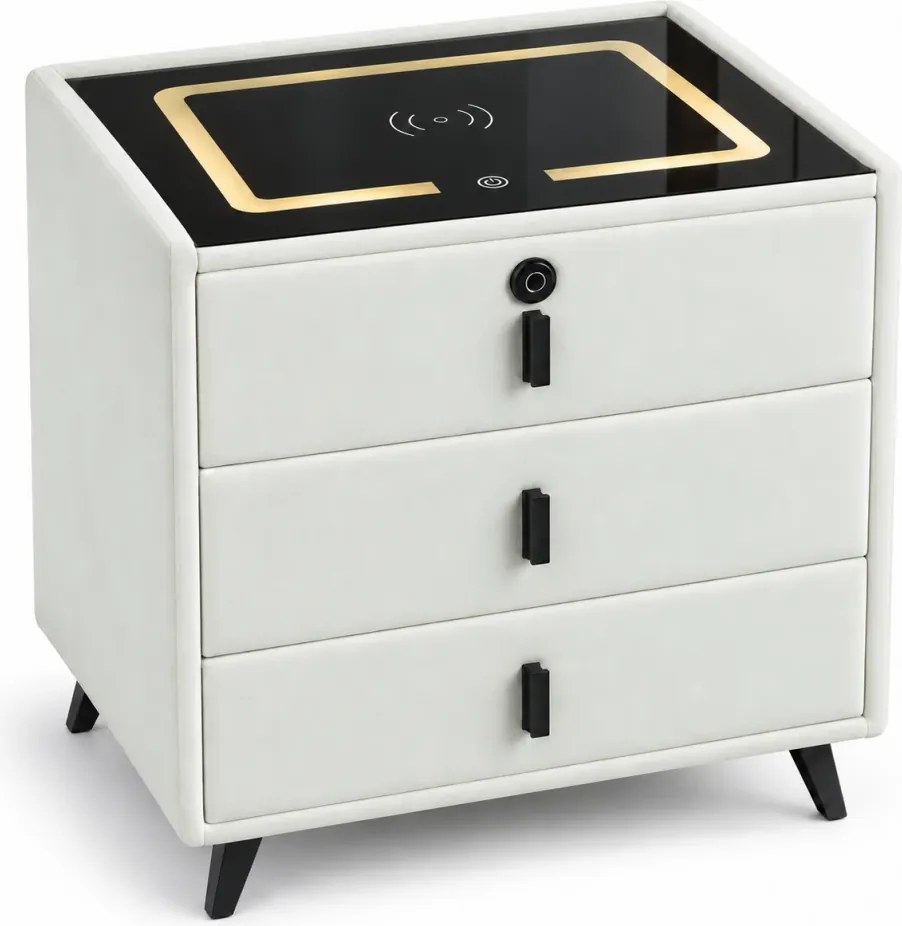 Noptieră inteligentă multifuncțională, 3 sertare, blocare cu amprentă, LED-uri tactile, 3 tipuri de culoare, încărcare fără fir, Difuzor Bluetooth, incarcare USB, sticla securizata, catifea