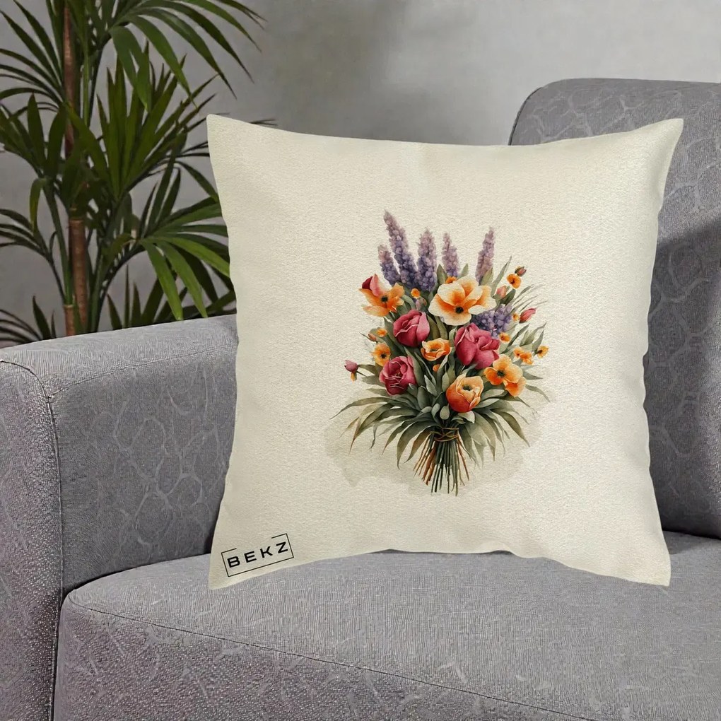 Perna Decorativa Buchet Mixt Acuarela Lavanda-Trandafiri, 40x40 cm, Ecru, Husa Detasabila, Perna Inclusa, BEKZ®