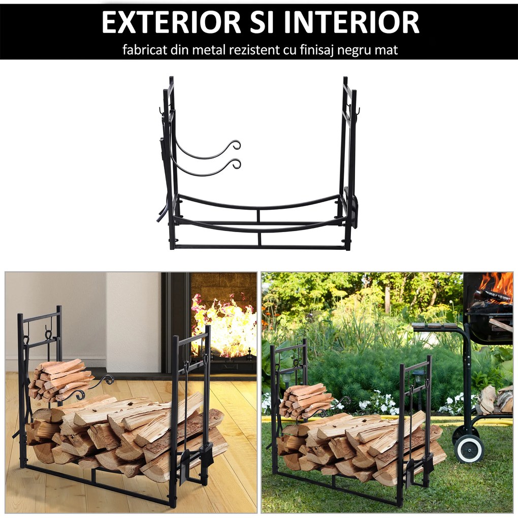 Suport lemne de Interior si Exterior din metal cu Paleta, Matura, Vatrai si Cleste, Negru, 84x33x76cm Outsunny | Aosom Romania