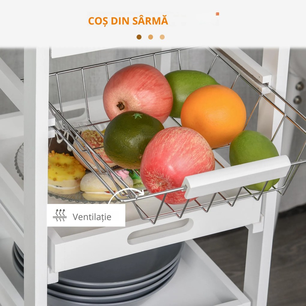 HOMCOM Carucior Bucatarie 4 Roti Sertar Cos Sarmă Tavite Detasabile Etajera Lemn Pin 37x37x82cm Alb | Aosom Romania