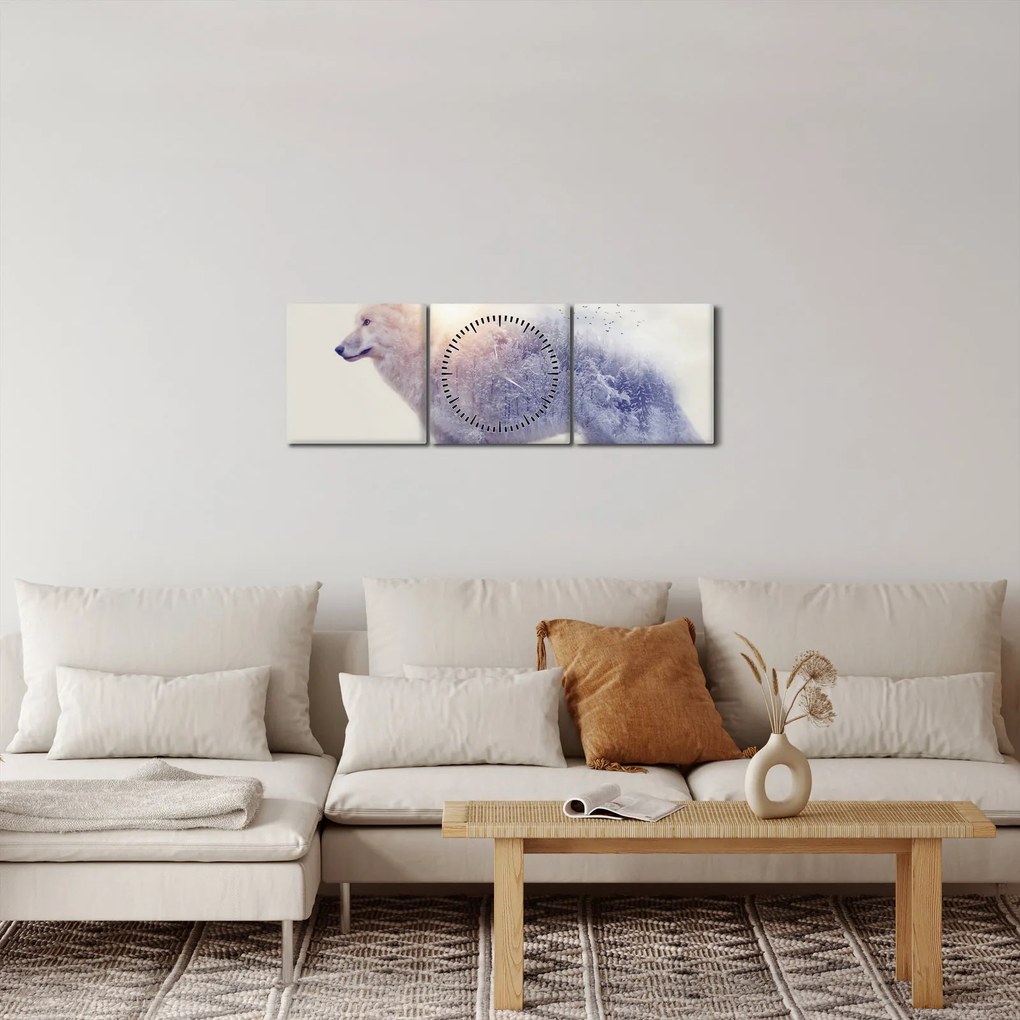 Tablou - Lupul arctic oglindit în peisaj sălbatic (cu ceas) (90x30 cm)
