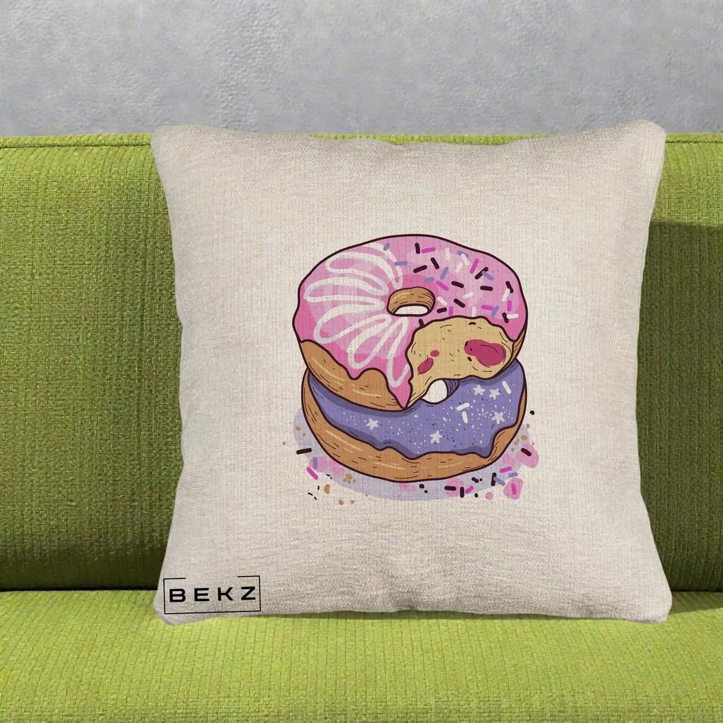 Perna Decorativa Donuts Roz si Mov, 40x40 cm, Bej Canapea, Husa Detasabila, Perna Inclusa, BEKZ®