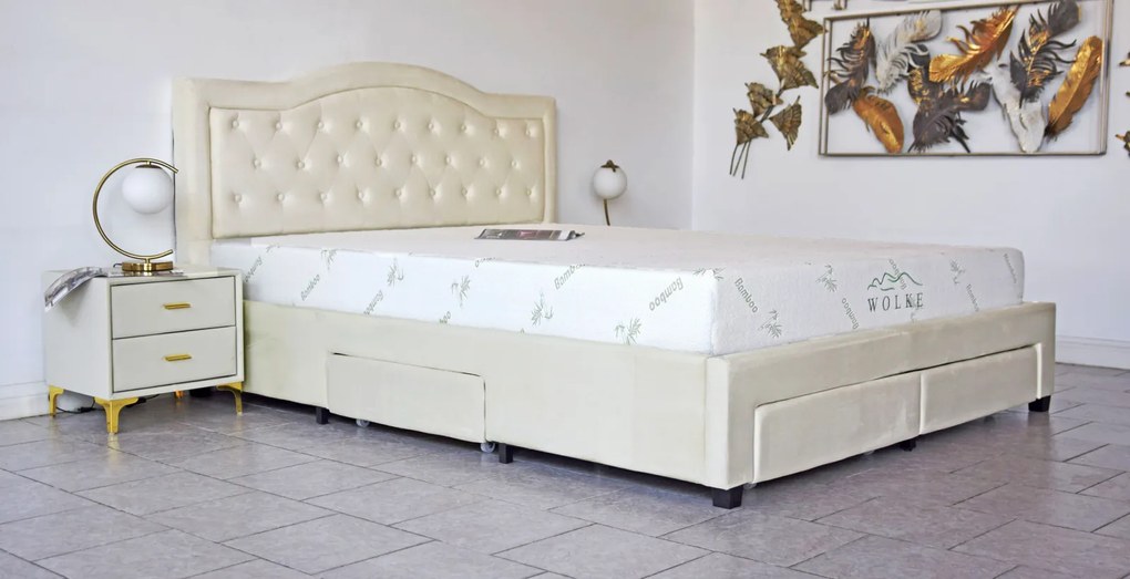 Pat 160x200 cm Terasino Crem cu 4 sertare Tapitat Catifea Somiera Inclusa (cod D3-01)