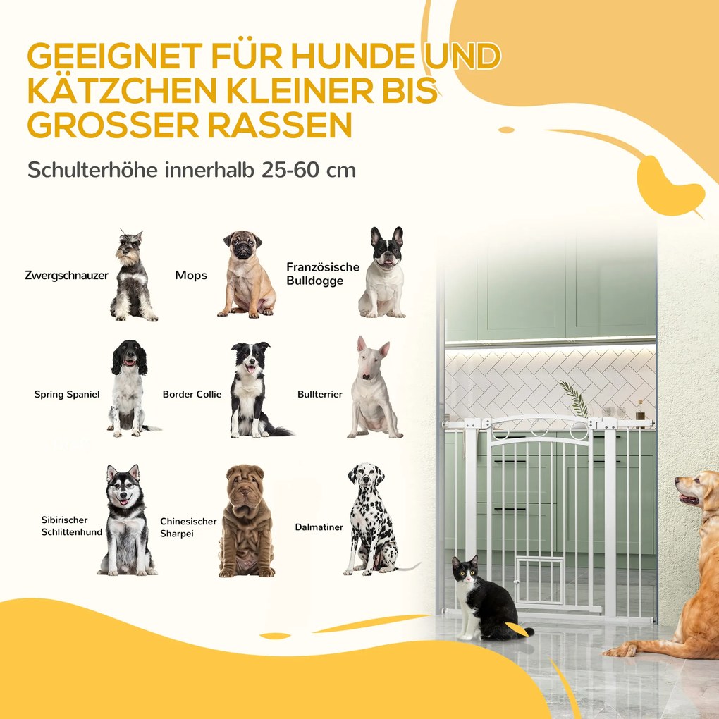 PawHut Poartă pentru animale de companie, 96 cm poartă pentru trepte, lățime reglabilă 76-104 cm, cu ușă pentru pisici, pentru scări și deschideri de uși, alb | Aosom Romania