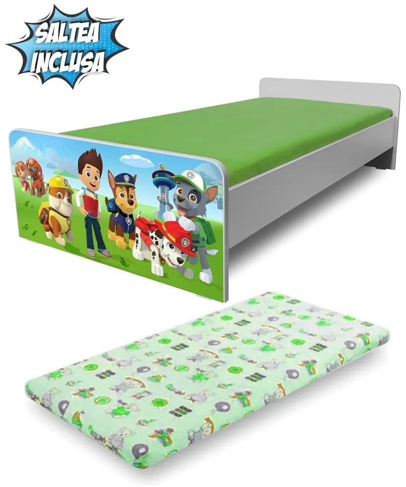 Patut copii 2-8 ani Economic Patrula Catelusilor, cu saltea SafeNest cu lana 140 x 70 - PC-P-MK-ECO-PAW-70