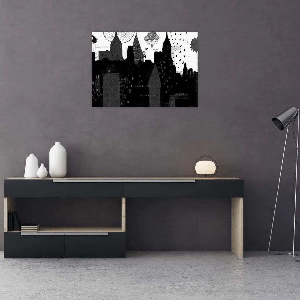 Tablou pe sticlă - Oraș cu inscripții și modele (70x50 cm)