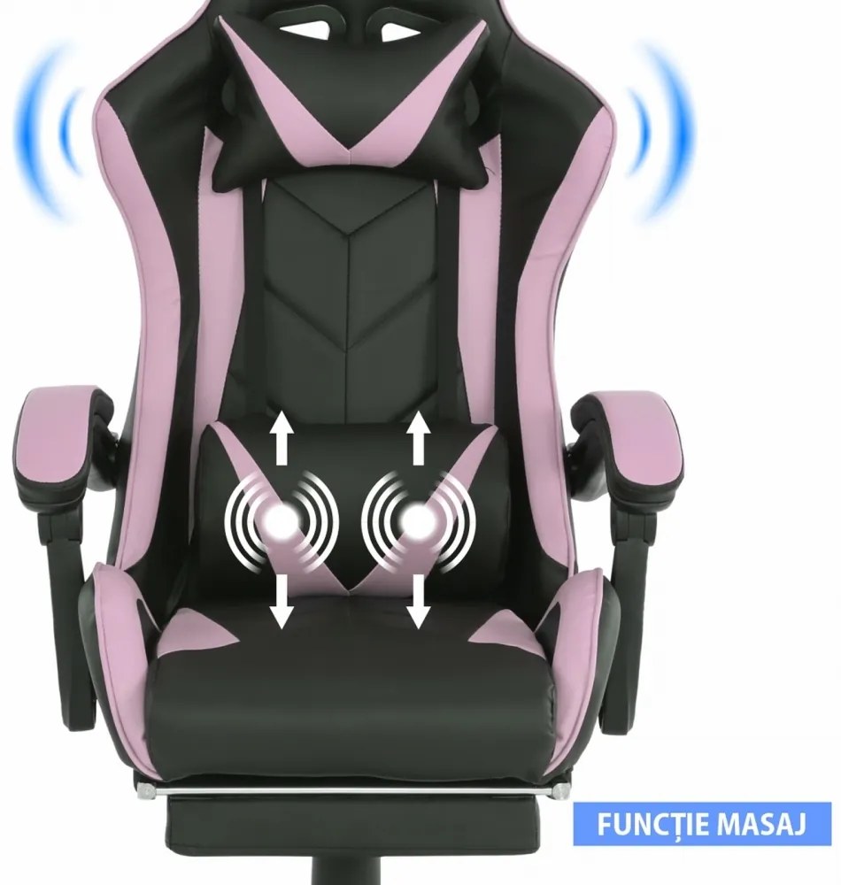 Scaun gaming, masaj în perna lombară, suport picioare, piele ecologica, Negru/Roz