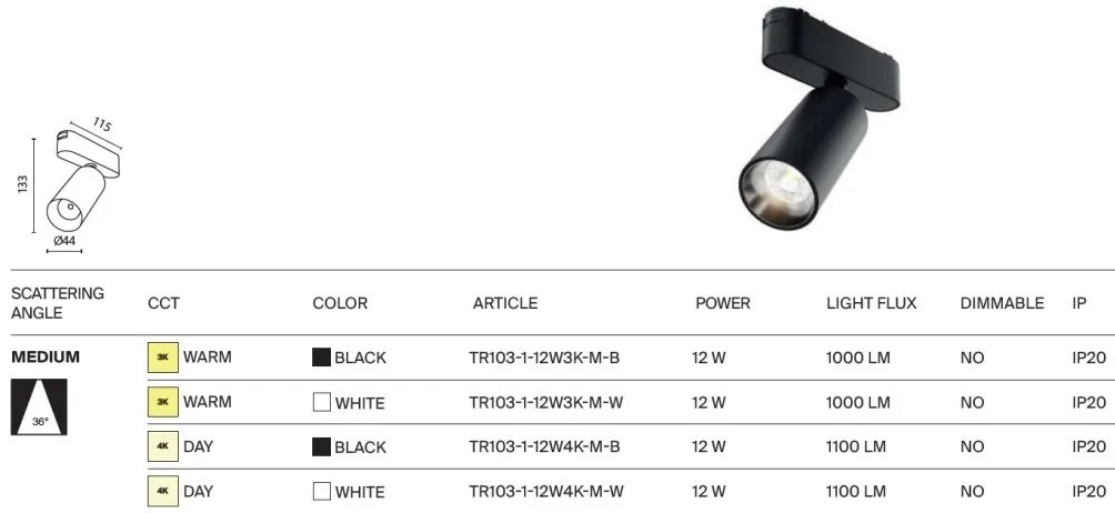 Spot LED, accesoriu pentru sina magnetica Radity, Focus negru 12W 4000K
