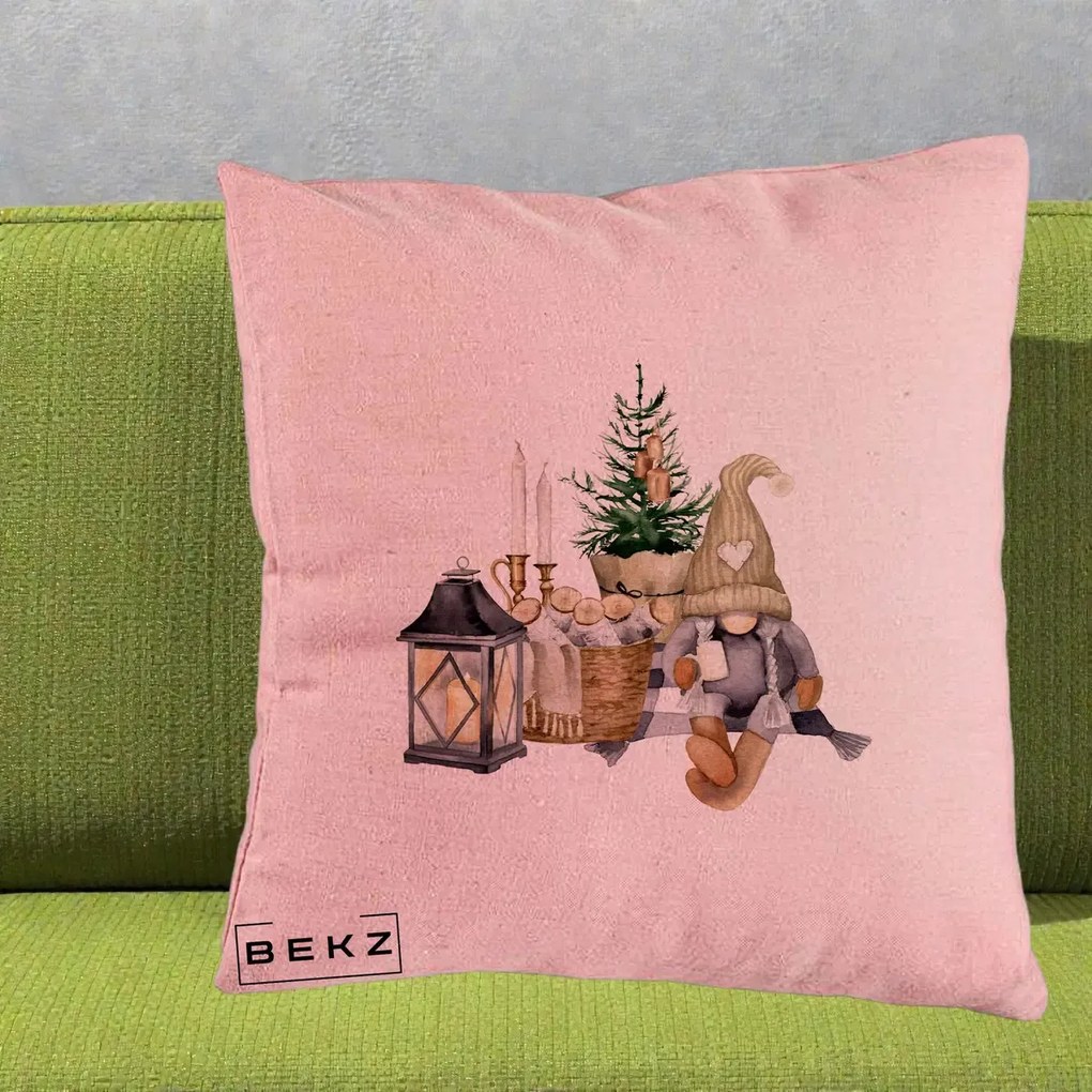 Perna Decorativa Gnom Scandinav cu Felinar, 40x40 cm, Roz, Husa Detasabila, Perna Inclusa, BEKZ®