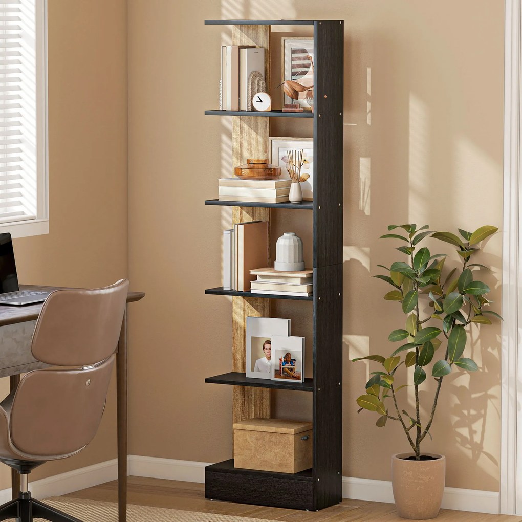 HOMCOM Bibliotecă Modernă cu 5 Rafturi din Lemn, 45 x 21 x 170 cm, Negru, Stejar | Aosom Romania