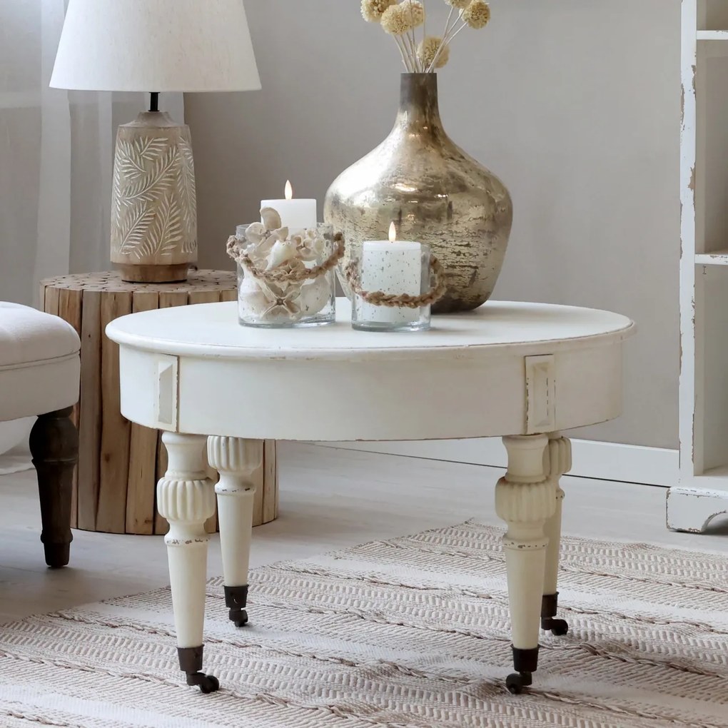 Măsuță de cafea pe roți, shabby chic, crem antichizat, Marie Antoinette