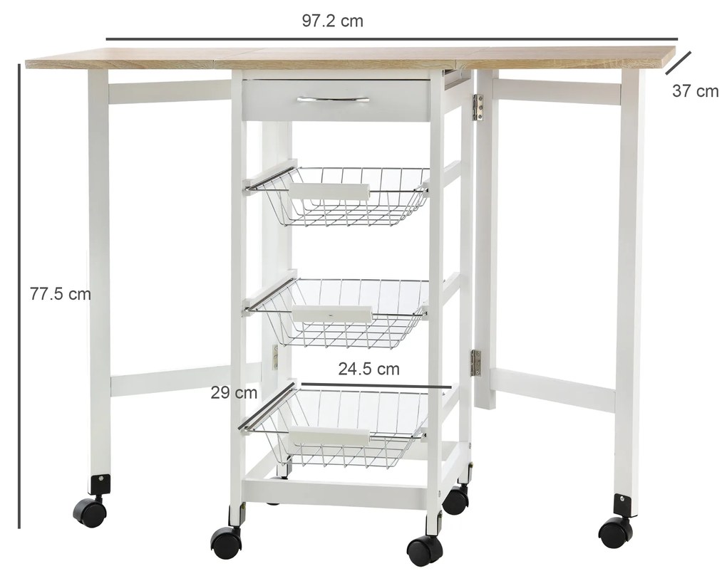 HOMCOM Cărucior de Bucătărie Extensibil Alb, 3 Sertare, MDF/Metal, Soluție Organizare Bucătărie, 37x37x77.5 cm | Aosom Romania