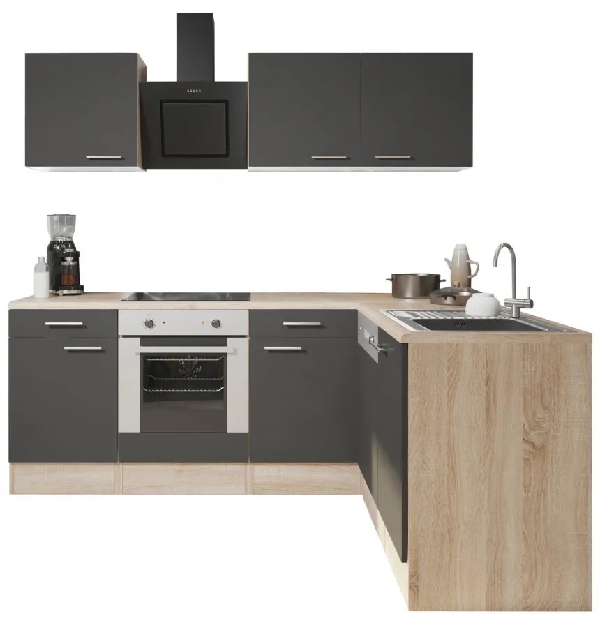 Mobilă de bucătărie de colț Yorki 220, corp din stejar sonoma, față antracit satinat, element inferior cuptor