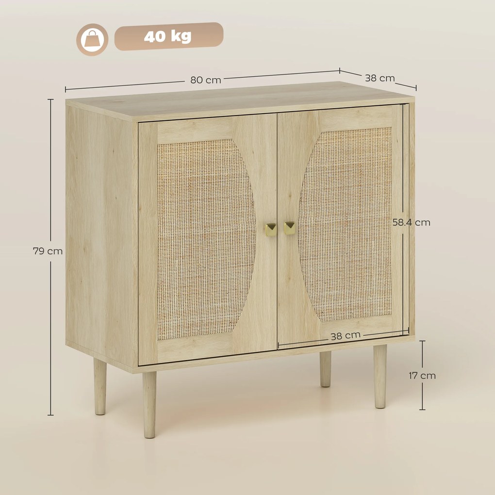 HOMCOM Bufet de bucătărie, mobilier de depozitare cu două uși și 2 niveluri, fațadă din cannage, 80 x 38 x 79 cm efect lemn natural | Aosom Romania