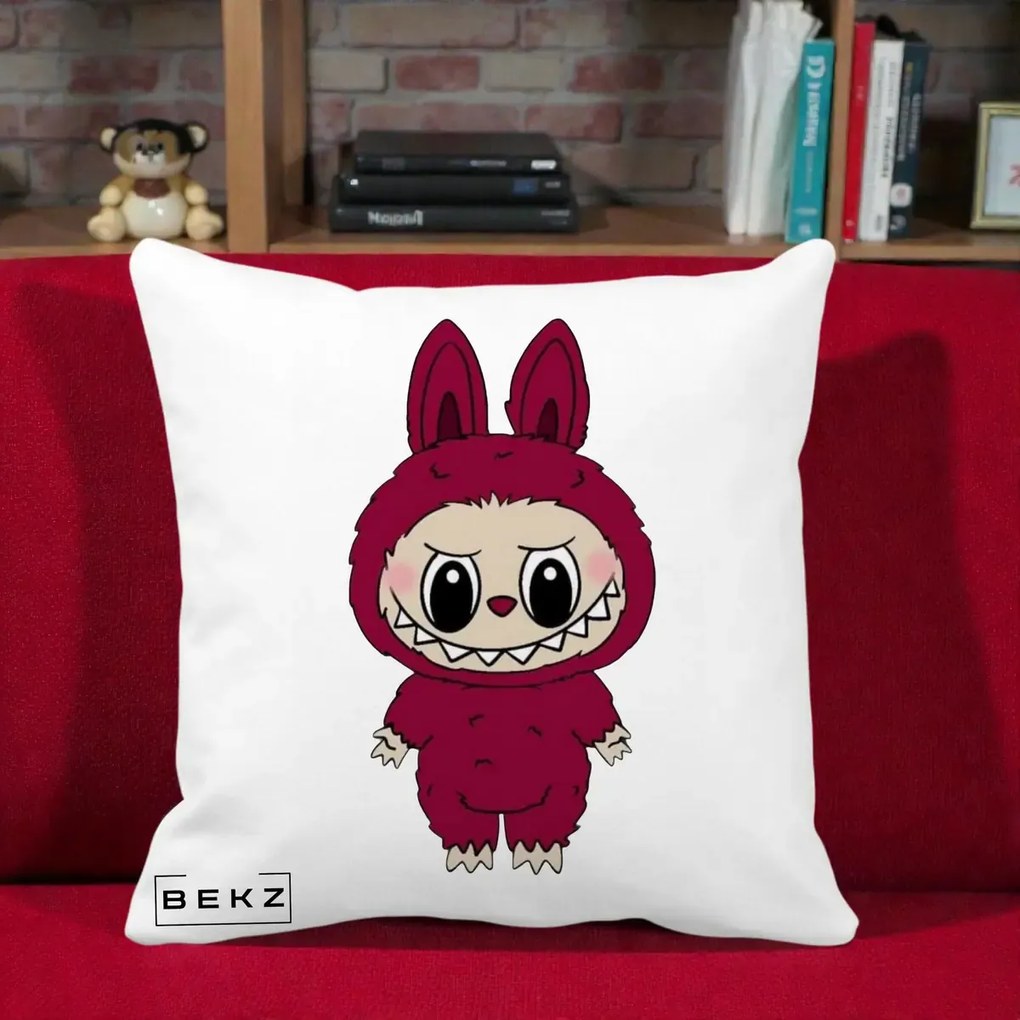 Perna Personalizata Labubu Rosu-Visiniu Solo, 40x40 cm, Alba Mata, Husa Detasabila, Perna Inclusa, BEKZ®