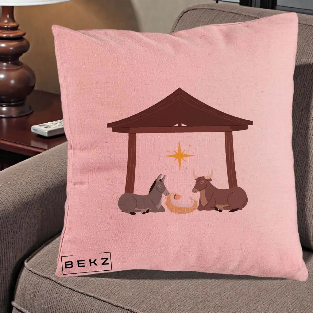 Perna Decorativa Ieslea din Betleem cu Iesle Asin si Bou, 40x40 cm, Roz, Husa Detasabila, Perna Inclusa, BEKZ®