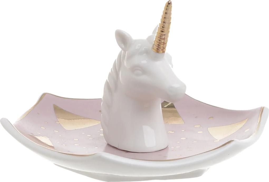 Suport ceramic bijuterii, model unicorn, alb/roz, 13x12x8 cm