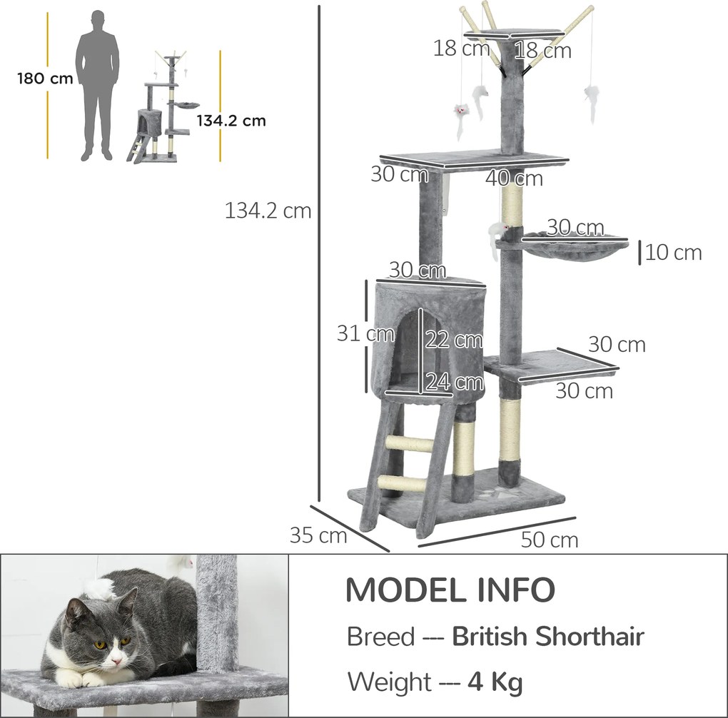 PawHut Turelă pentru pisici cu căsuță, stâlp de ascuțit gheare, platforme și 4 șoricei, din lemn, pluș și sisal, 50x35x134.2 cm, gri | Aosom Romania