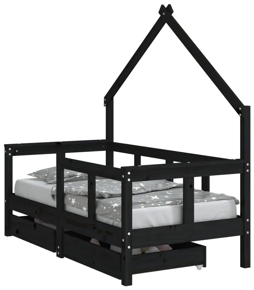 834542 vidaXL Cadru de pat copii cu sertare, negru, 70x140 cm, lemn masiv pin