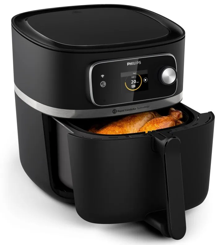 Friteuza cu aer cald Philips Combi XXL Connected Hot HD9880/90, 2200 W, 8,3 L, 40-200°C, 2 kg, 22 programe, Ecran TFT, Wi-Fi, Negru