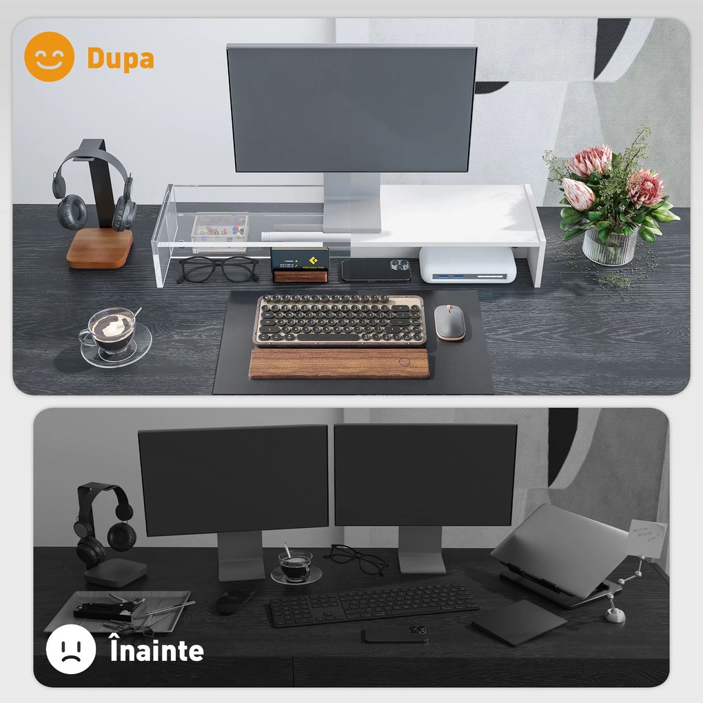 HOMCOM Suport monitor până la 16kg, cu 2 Compartimente de Depozitare, 100x27x15 cm, Alb | Aosom Romania