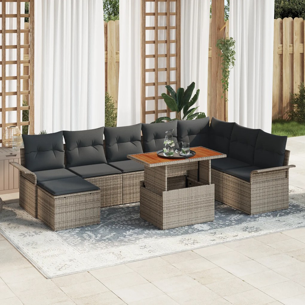 vidaXL Set de dining pentru grădină 9 piese cu perne, gri, ratan poli și acacia