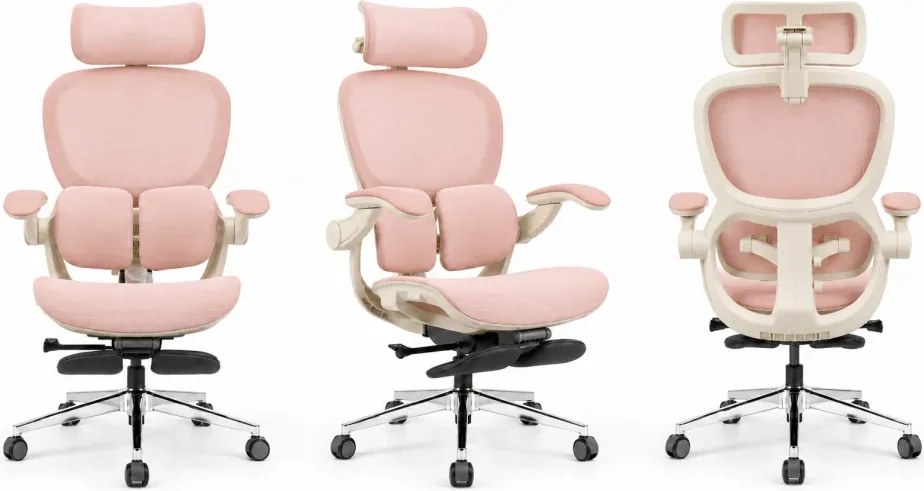 Scaun ergonomic MORATTI D5, Suport lombar dual 360°, Tetieră 4D, Șezut Zero-Pressure Frameless Mesh, Cotiere Flip-Back 4 poziții, Reclinare 135°, Suport picioare, Roz