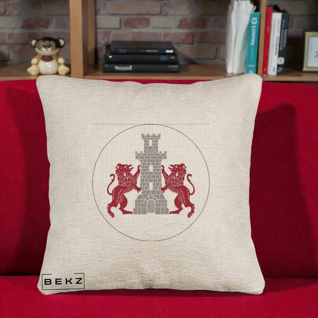 Perna Personalizata Cetatea Turnu Magurele Heraldic, 40x40 cm, Bej Canapea, Husa Detasabila, Perna Inclusa, BEKZ®