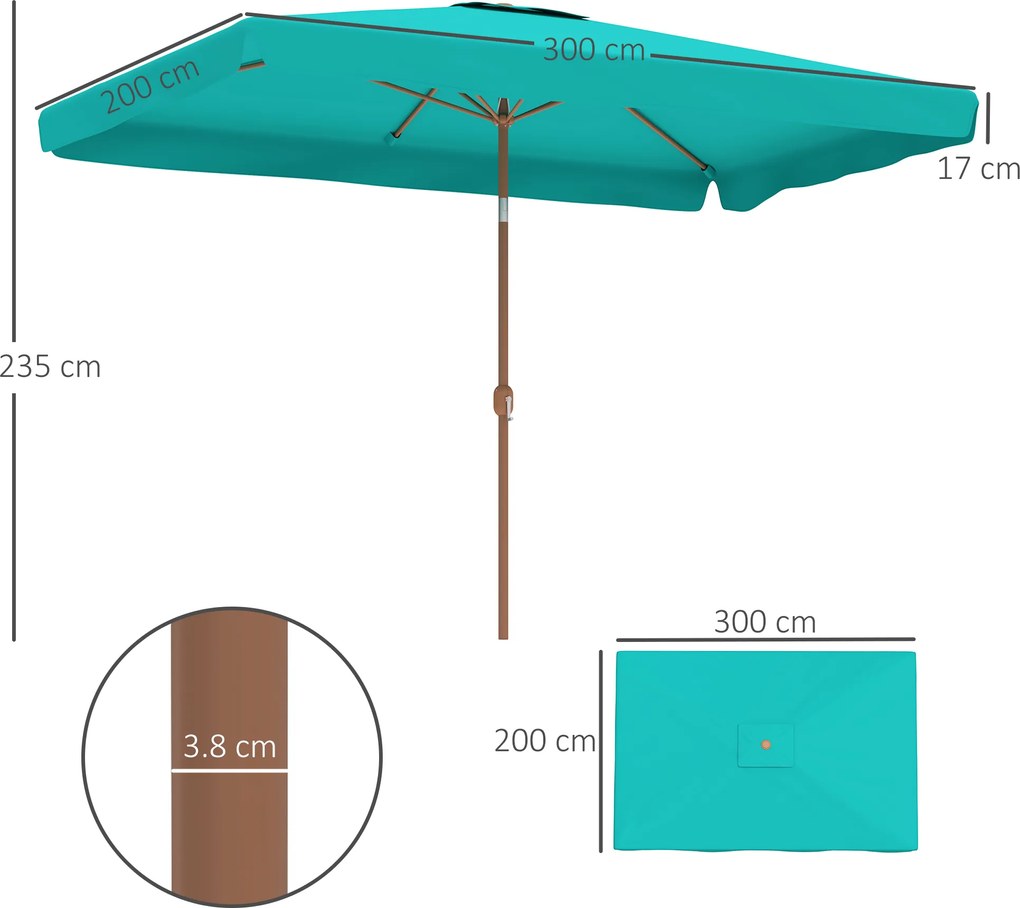 Outsunny Umbrelă de Grădină Înclinabilă cu Deschidere cu Manivelă și Orificiu de Aerisire, 300x200x235 cm, Turcoaz | Aosom Romania