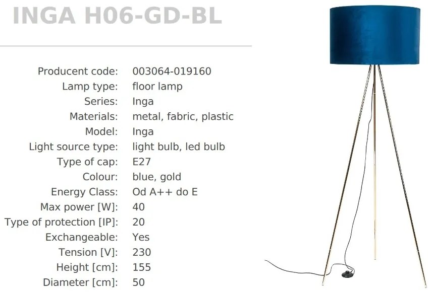 Lampadar cu trepied design modern INGA auriu/ albastru H06-GD-BL ZL