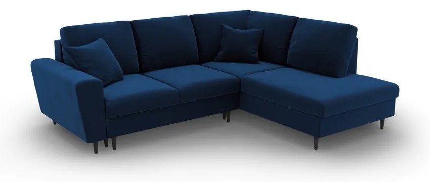 Colțar albastru extensibil, cu spațiu de depozitare cu tapițerie din catifea (cu colț pe partea dreaptă-în formă de ”L”) Kyoto – Cosmopolitan Design