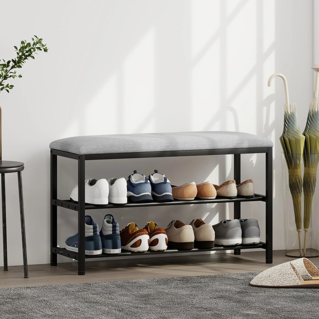 HOMCOM Bancă pentru pantofi cu șezut, bancă cu spațiu de depozitare, raft pentru pantofi cu 2 compartimente deschise, bancă 81 x 31 x 50 cm Negru | Aosom Romania