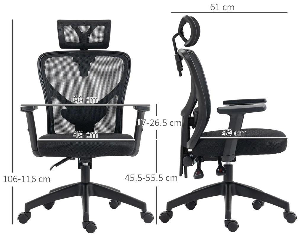 Vinsetto Scaun Birou Ergonomic, Scaun Ergonomic cu Suport Lombar si Tetiera, 66x61x106-116cm Negru | Aosom Romania