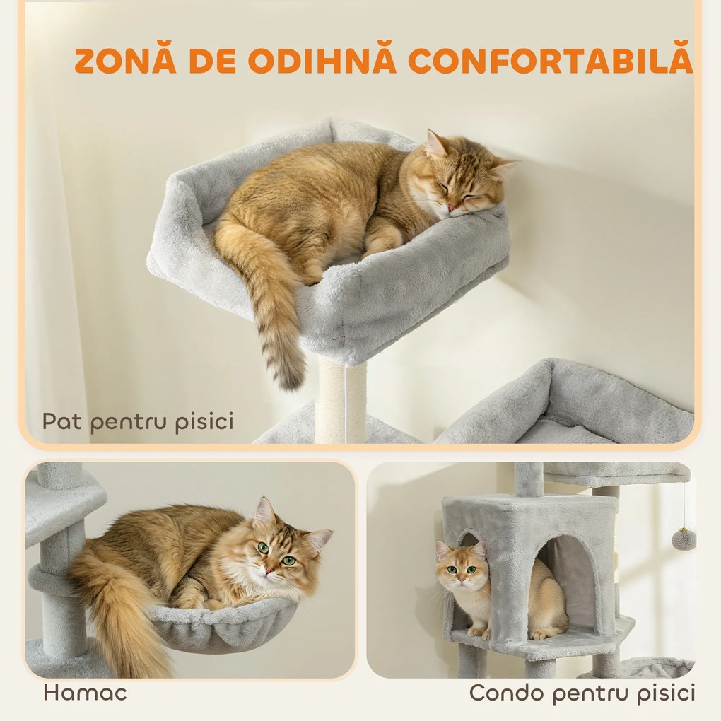 PawHut Arborele pentru Pisici cu Căsuțe, Paturi, Singhii și Mingi, Gri Deschis | Aosom Romania