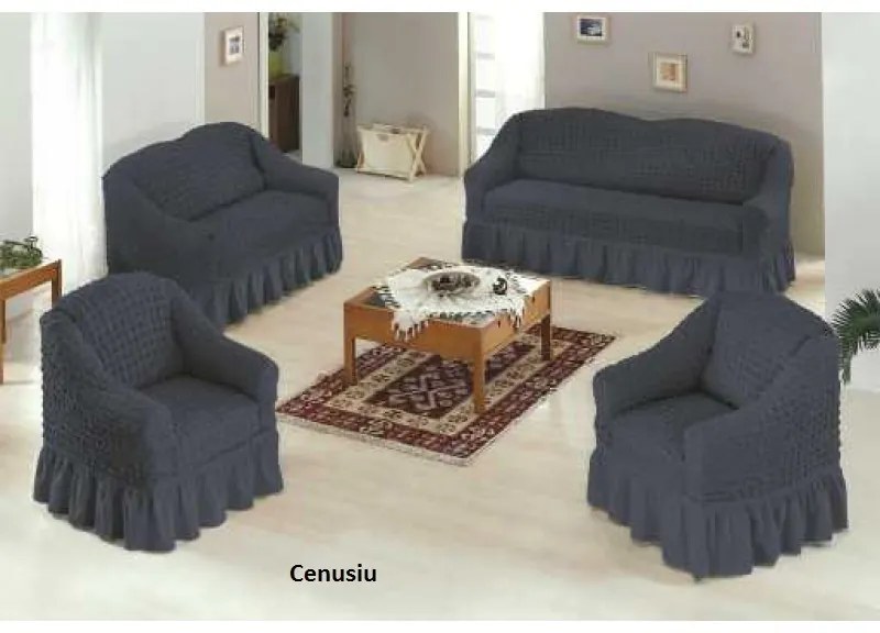 Set huse elastice si creponate pentru canapea 3 locuri, canapea 2 locuri si 1 fotoliu, cu volanas, Cenusiu