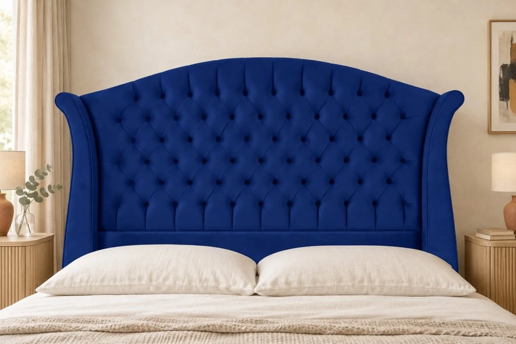 Pat tapițat Chesterfield din catifea Sorella Simple 160×200 cm, bleumarin, cu ladă de depozitare