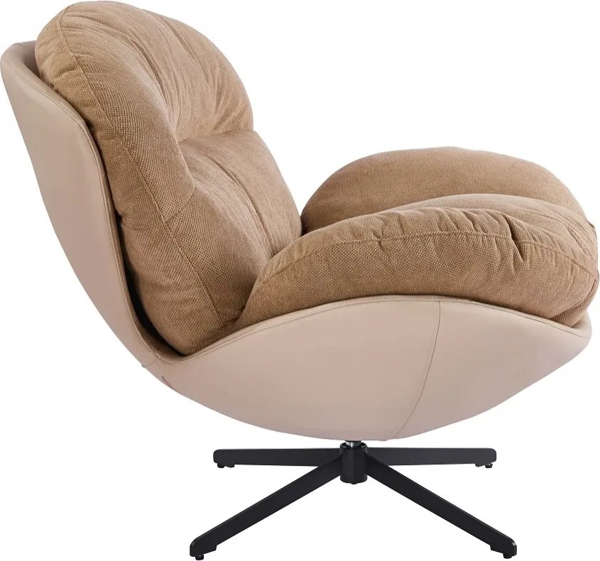 Fotoliu Lounge Rotativ 360° cu Pernă Extra Confort, Tapiterie Linen + PU, Bază Metalică Neagră, Design Modern, Maro