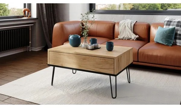 Masă de cafea HALIJA cu blat rabatabil și poliță, stejar craft/negru