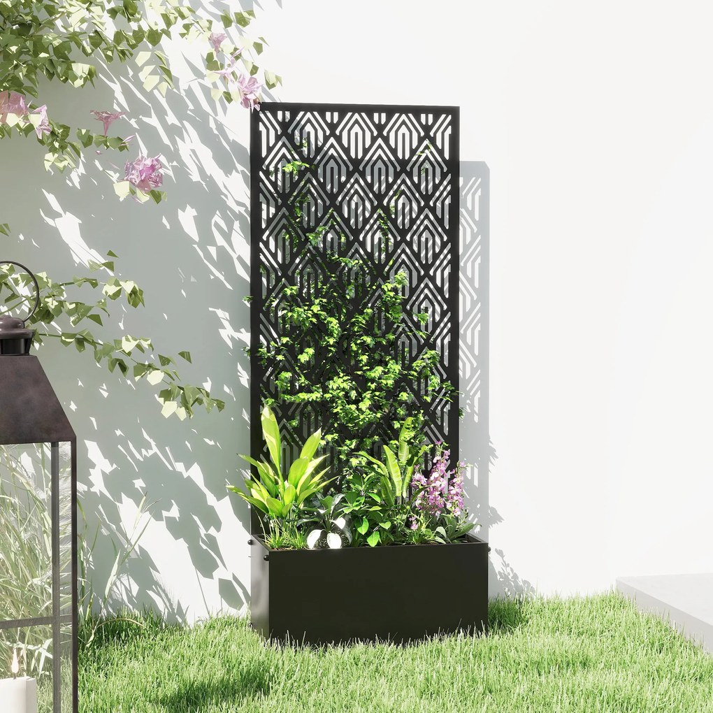 Outsunny Jardinieră cu spalier, ghiveci cu paravan, pentru plante cățărătoare, metal, 45 x 21,5 x 110 cm, negru | Aosom Romania