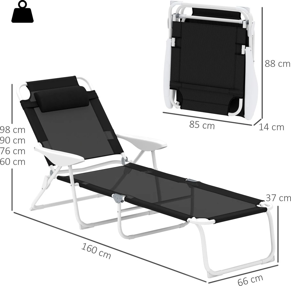 Outsunny Șezlong pliabil pentru grădină cu pernă, scaun cu spătar reglabil în 4 poziții până la 120 kg Negru | Aosom Romania