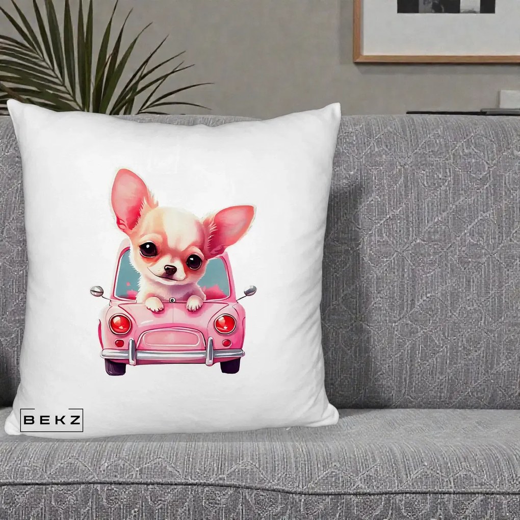 Perna Decorativa Chihuahua Roz in Masinuta, 40x40 cm, Alb Pufos, Husa Detasabila, Perna Inclusa, BEKZ®