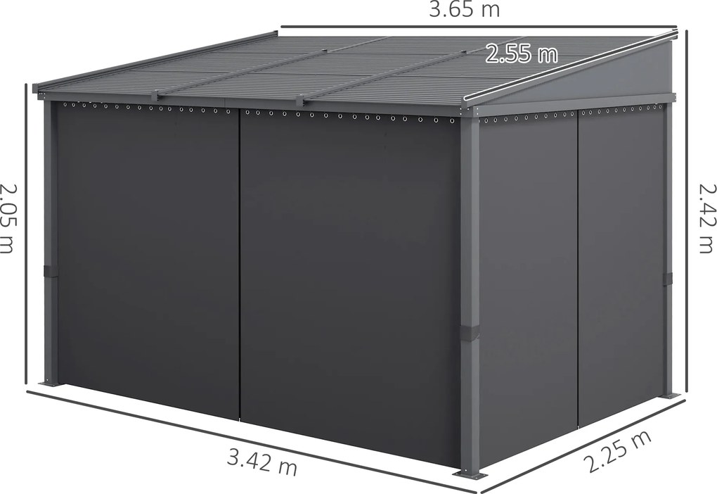 Outsunny Pavilion de grădină, pergolă, cu acoperiș glisant, draperii, cadru din aluminiu, gri închis, 3,65 x 2,55 x 2,05 m | Aosom Romania