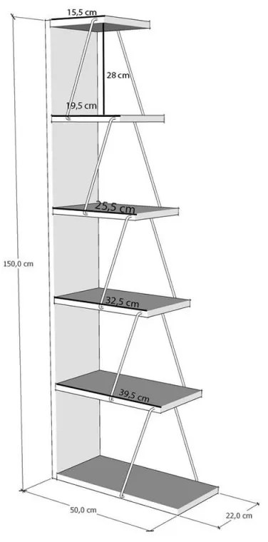 Etajera Kalune Design 854KLN3607, 150x50 cm, 6 rafturi, Finisaj melaminat / Metal, Alb / Negru