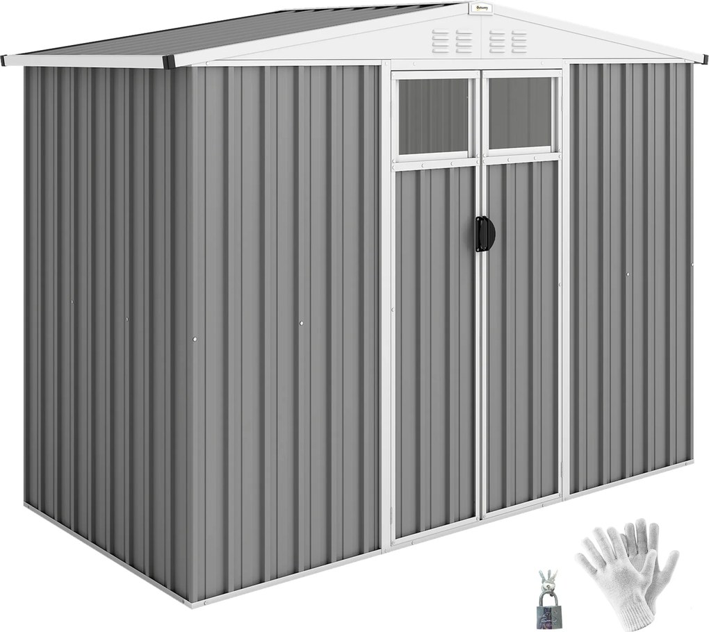 Outsunny Șopron pentru unelte de grădină din oțel zincat cu 2 uși, 246x117x180 cm, Gri deschis | Aosom Romania